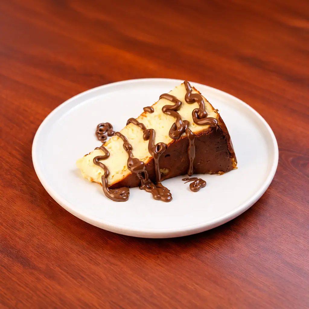 Burnt San Sebastian cheesecake slice with a creamy interior and caramelized top drizzled with chocolate sauce at Cafe Galata Guelph