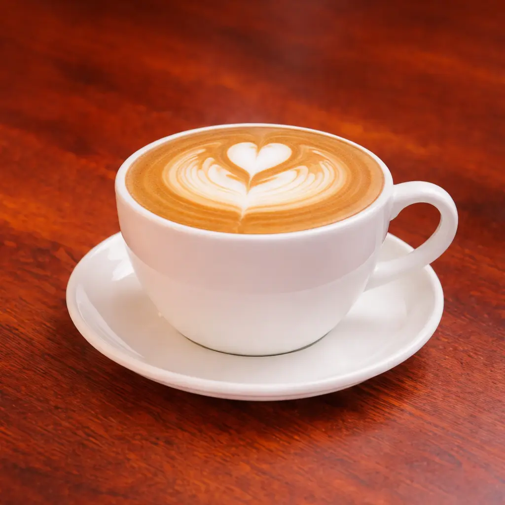 Cappuccino with creamy milk foam and latte art in ceramic cup at Cafe Galata in Guelph
