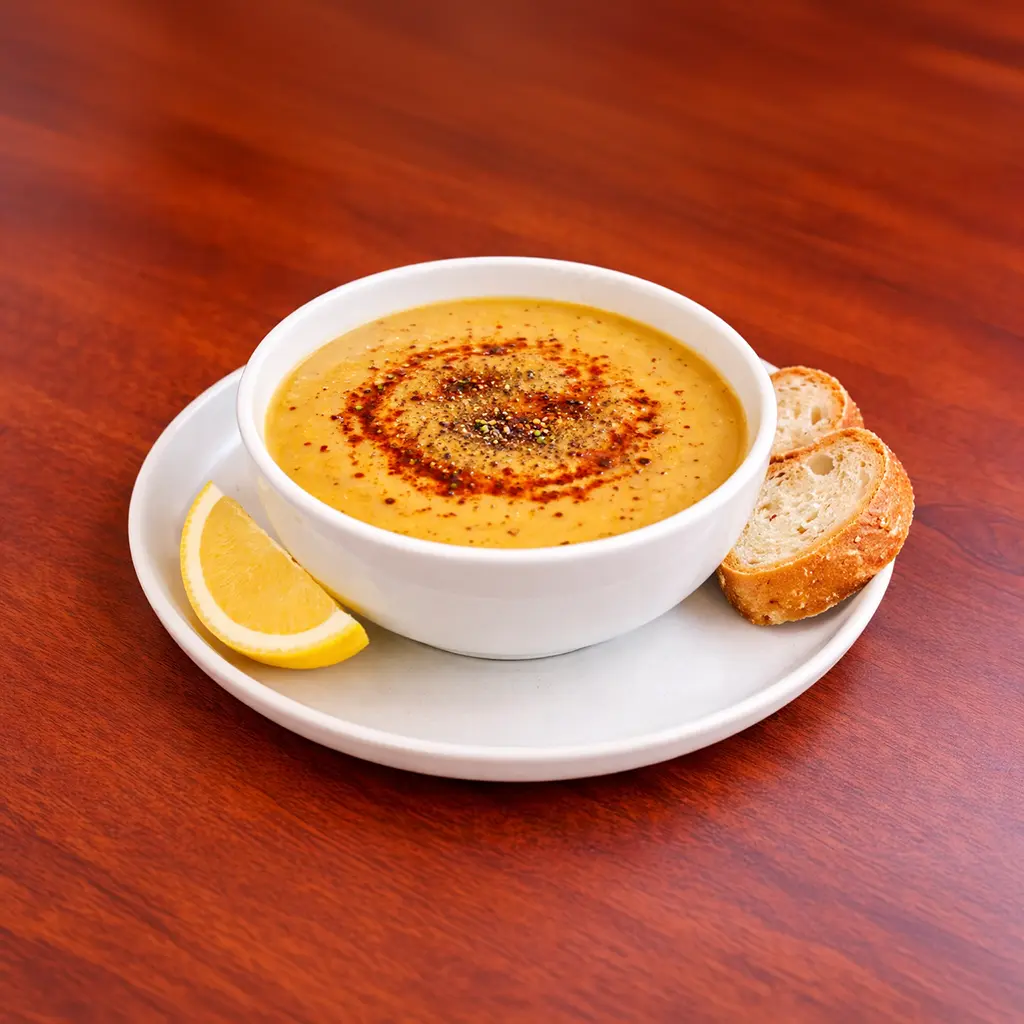 Creamy Turkish red lentil soup topped with paprika and spice swirl served with lemon wedges and crusty bread at Cafe Galata Guelph