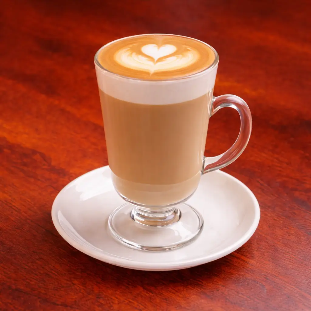 Creamy latte with soft milk texture and latte art in ceramic cup at Cafe Galata in Guelph