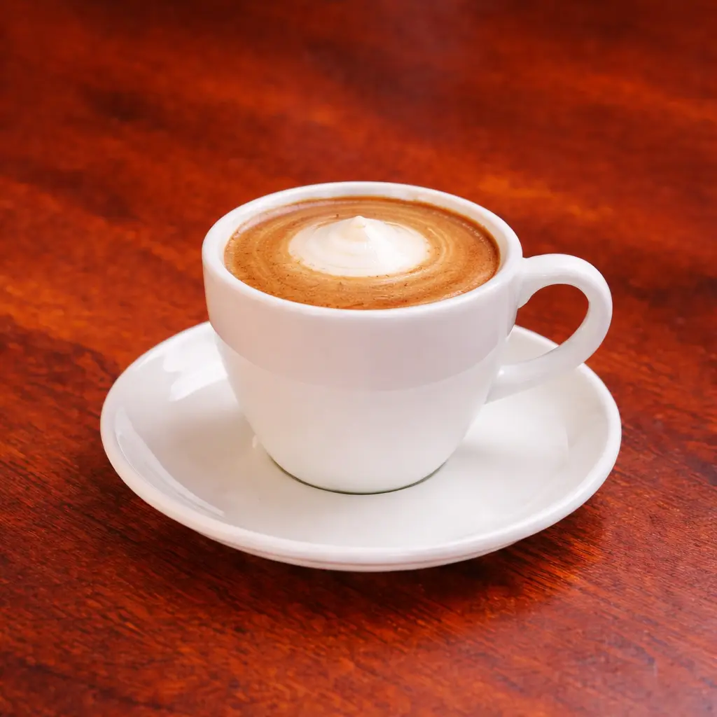 Espresso macchiato topped with a touch of milk foam in ceramic cup at Cafe Galata in Guelph