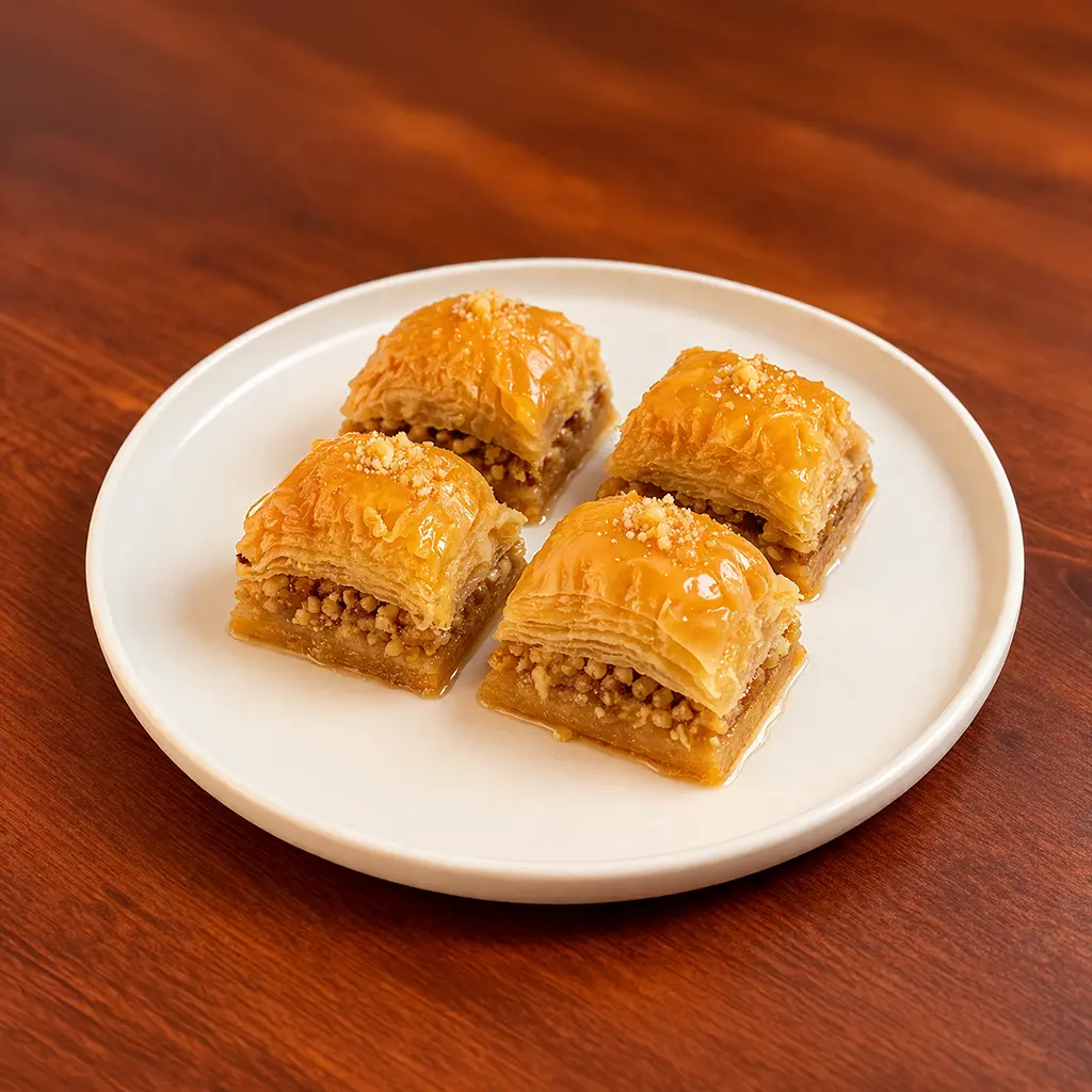 Four golden honey-soaked walnut baklava squares with crispy layered phyllo dough and crushed walnut filling on a white plate at Cafe Galata Guelph