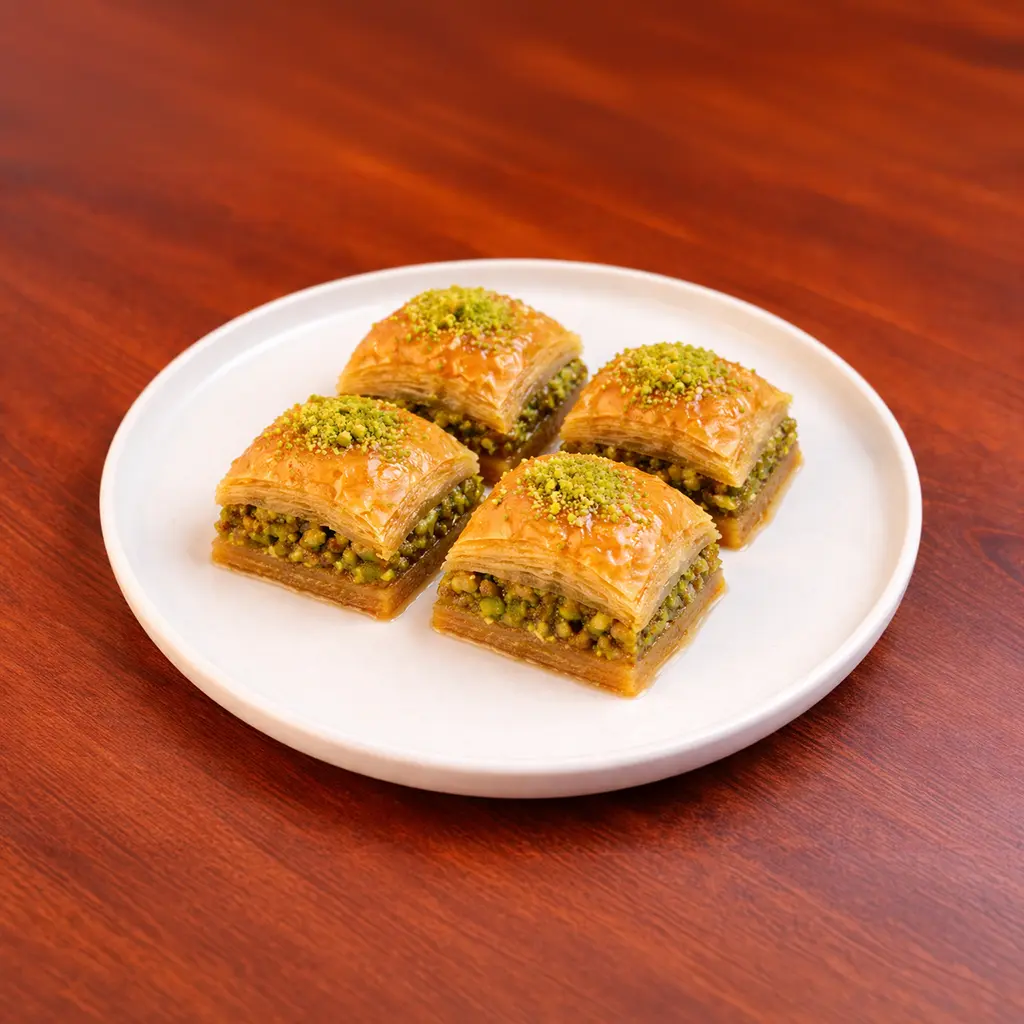 Four pieces of honey-soaked pistachio baklava with crispy layered phyllo dough and crushed pistachio topping on a white plate at Cafe Galata Guelph