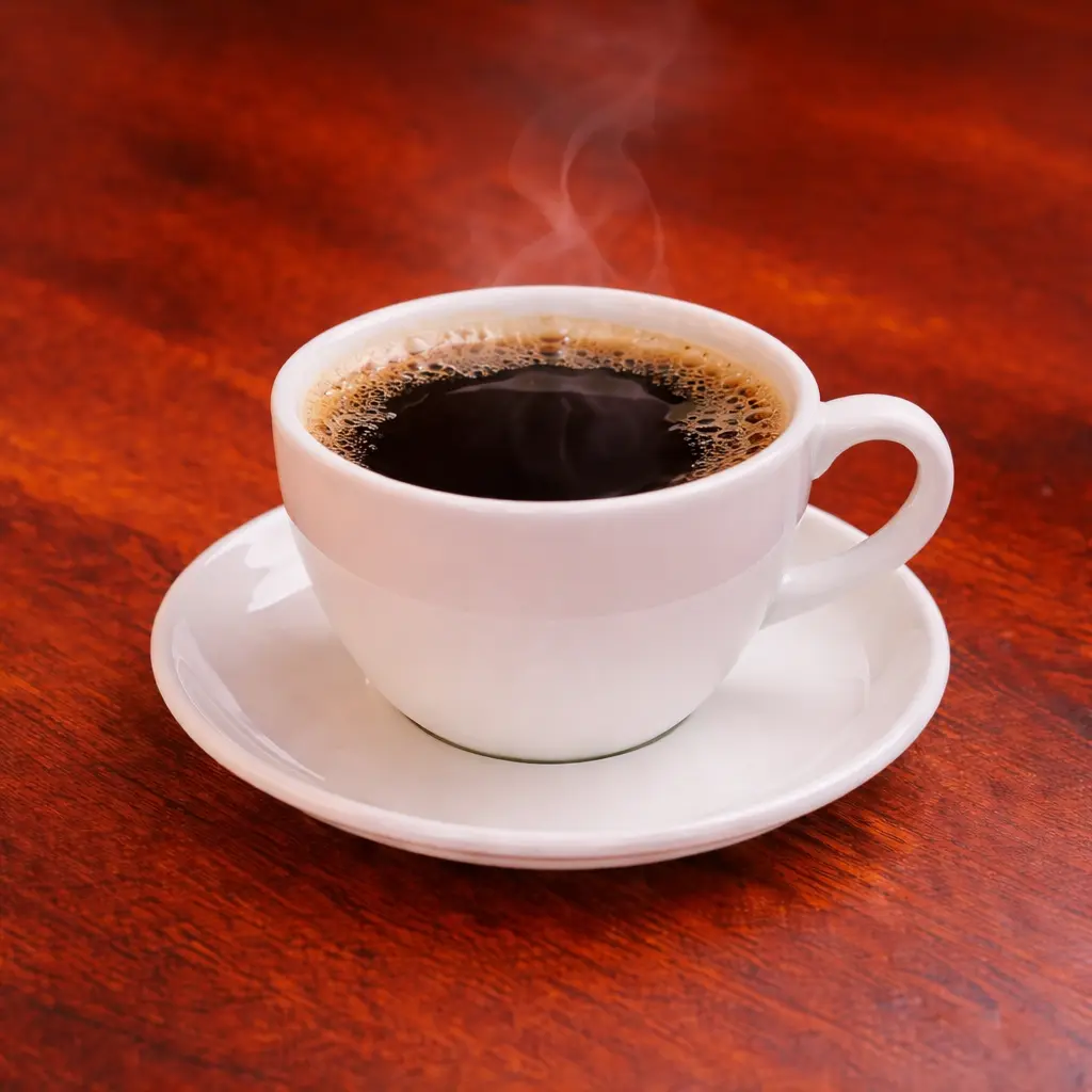 Fresh brewed coffee with steam in white ceramic cup at Cafe Galata in Guelph