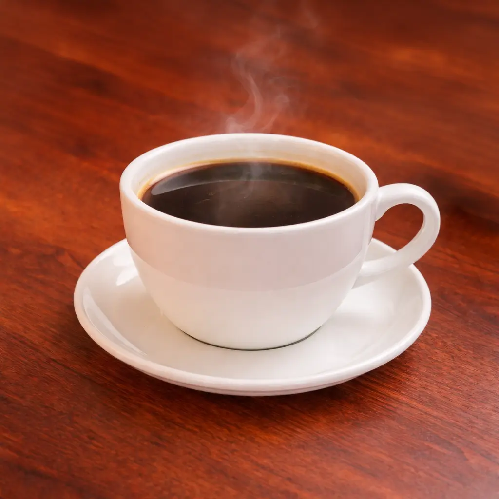 Hot Americano coffee in white ceramic cup on wooden table at Cafe Galata in Guelph