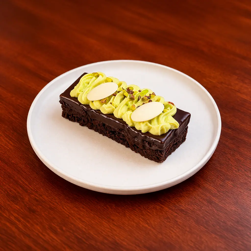 Pistachio chocolate cake bar with dark chocolate ganache base topped with pistachio cream rosettes, chopped pistachios and white chocolate discs at Cafe Galata Guelph