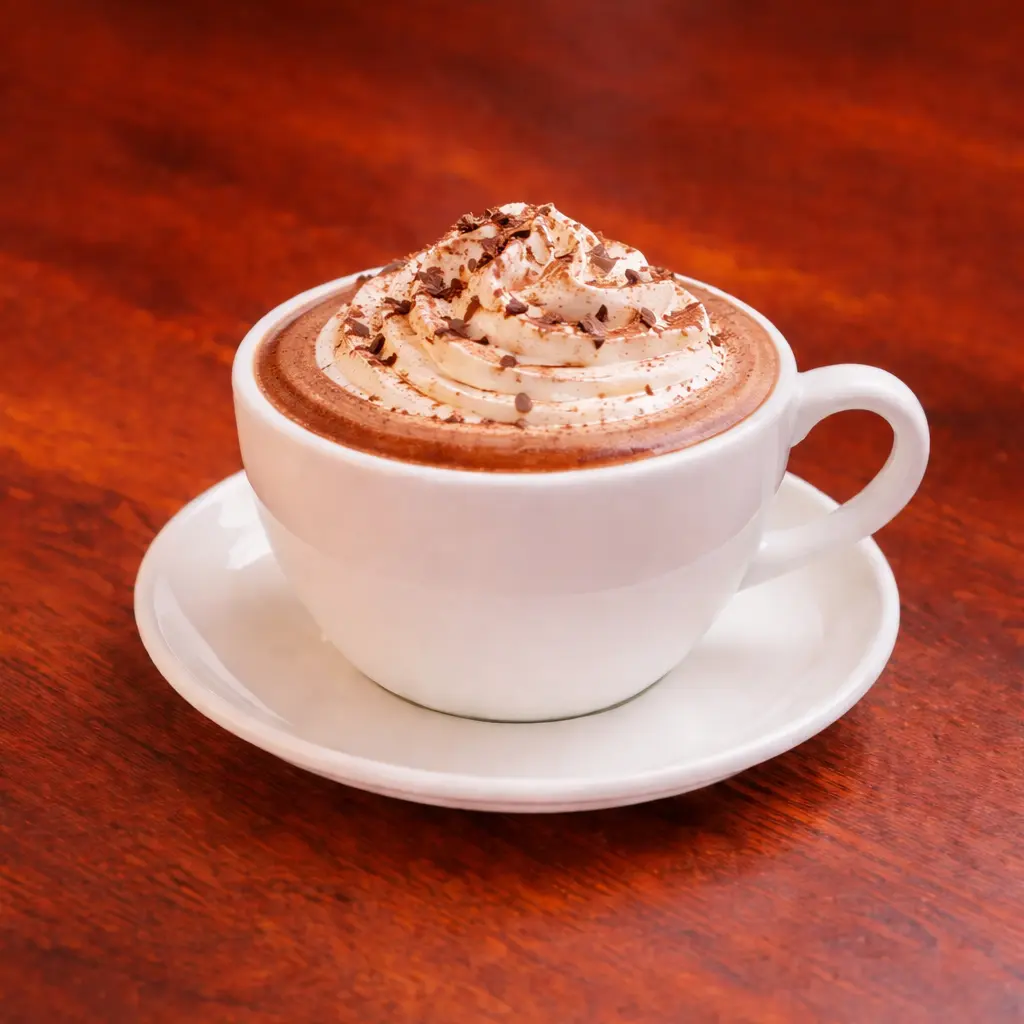 Rich hot chocolate topped with whipped cream in ceramic cup at Cafe Galata in Guelph