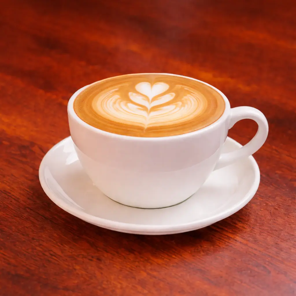 Smooth flat white coffee with silky microfoam in ceramic cup at Cafe Galata in Guelph