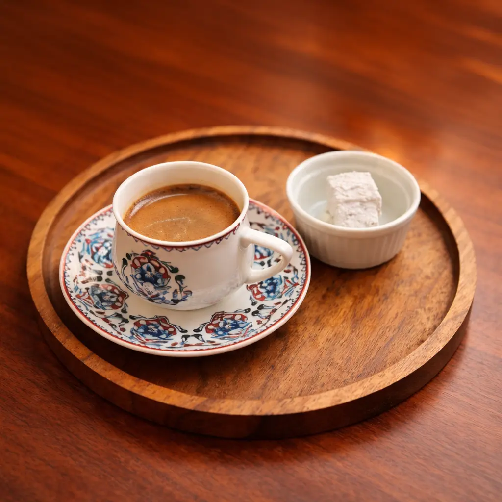 Traditional Turkish coffee served in authentic porcelain cup with Turkish delight at Cafe Galata in Guelph