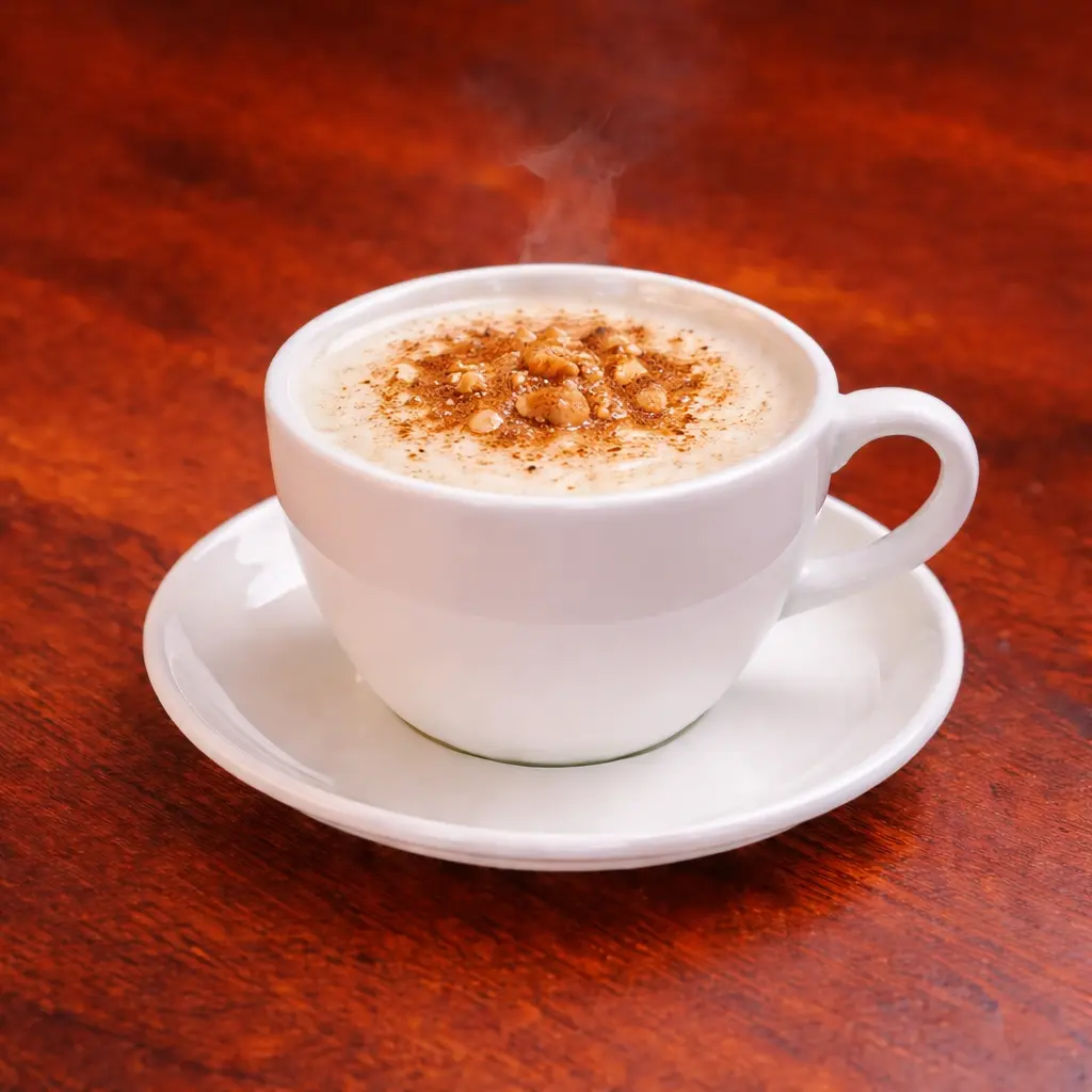 Traditional Turkish salep with cinnamon served hot in ceramic cup at Cafe Galata in Guelph