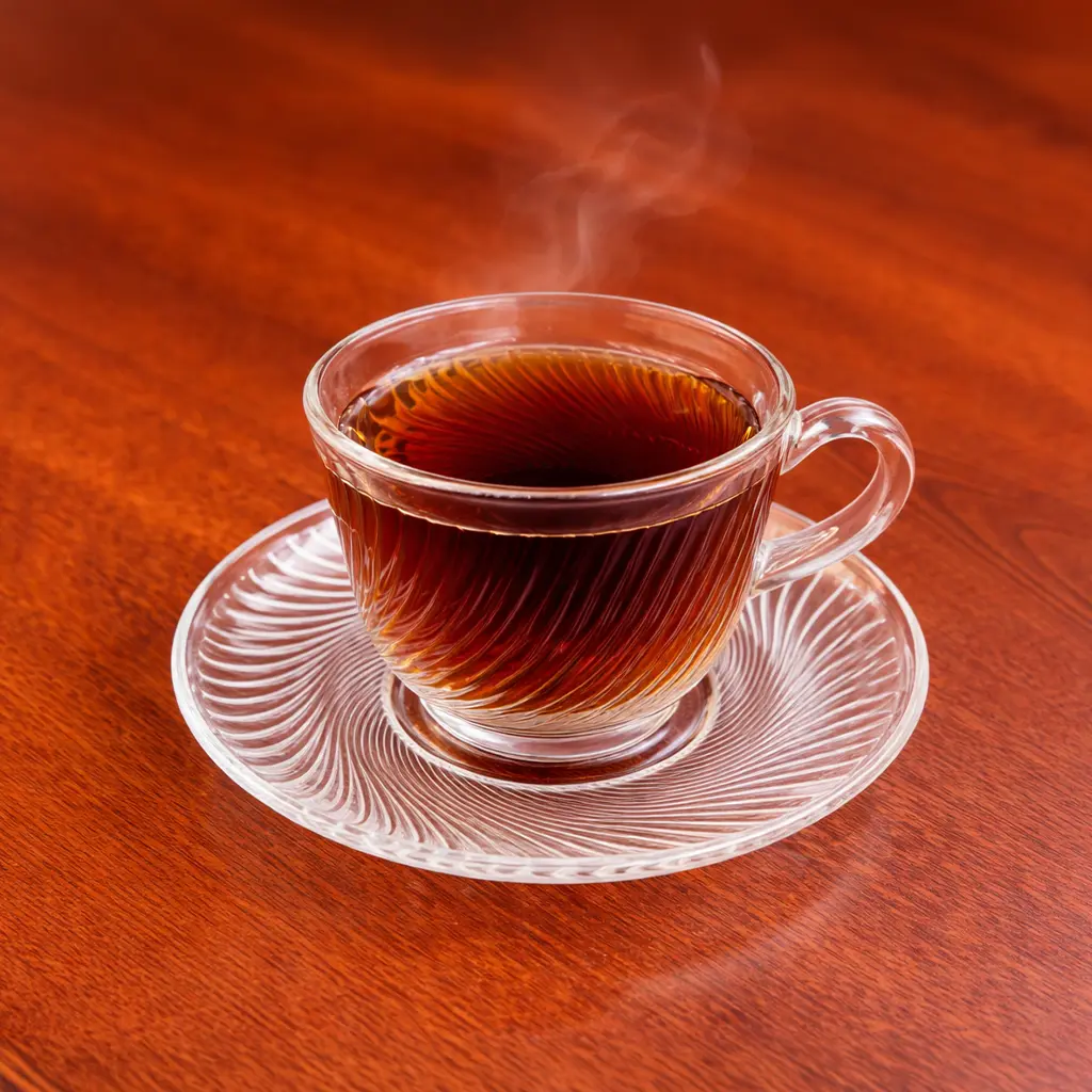 Turkish black tea in traditional glass cup on saucer at Cafe Galata in Guelph