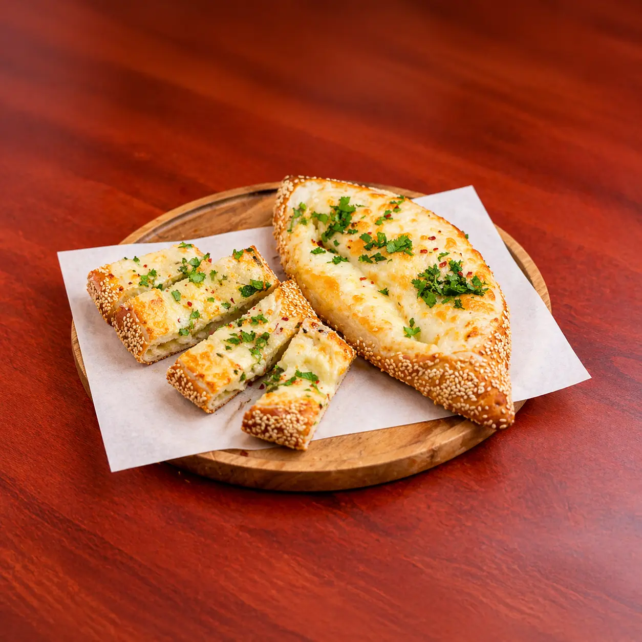 Turkish cheese pide with melted cheese, sesame crust and fresh herbs, sliced and served on wooden board at Cafe Galata Guelph